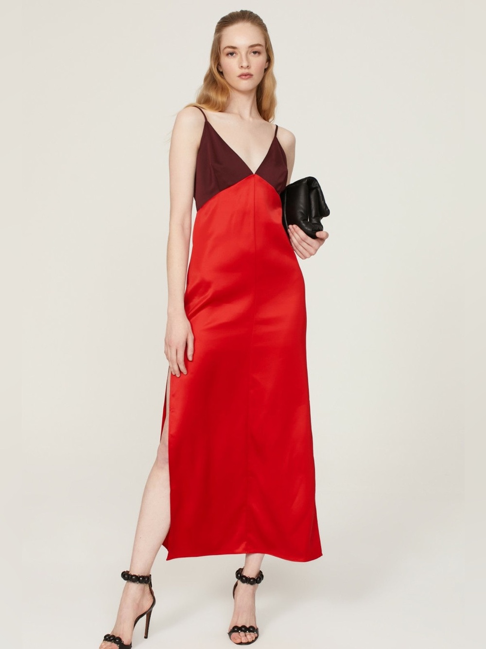 Maria Moscone Two-Tone Red Slip Maxi Dress